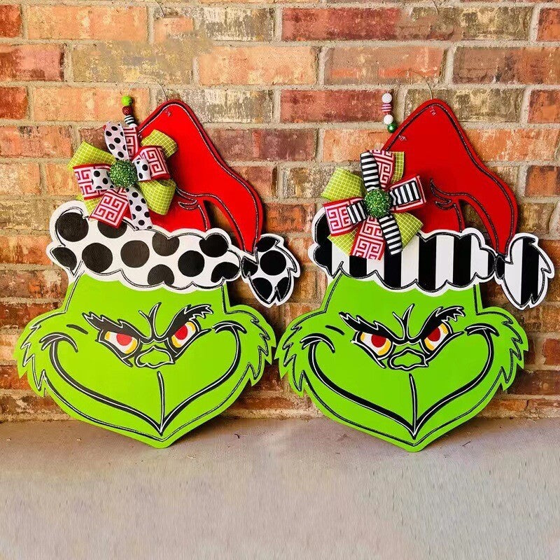 Grinch Christmas Wooden Wreath Front Door Welcome Sign Home Decorations