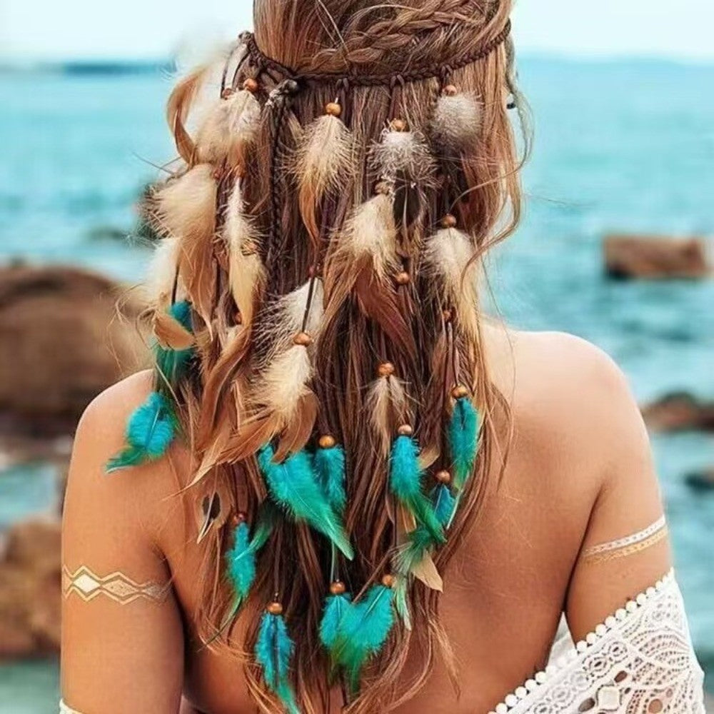 Boho Feather Headband Rainbow Indian Headbands Hippie Feather Headdress