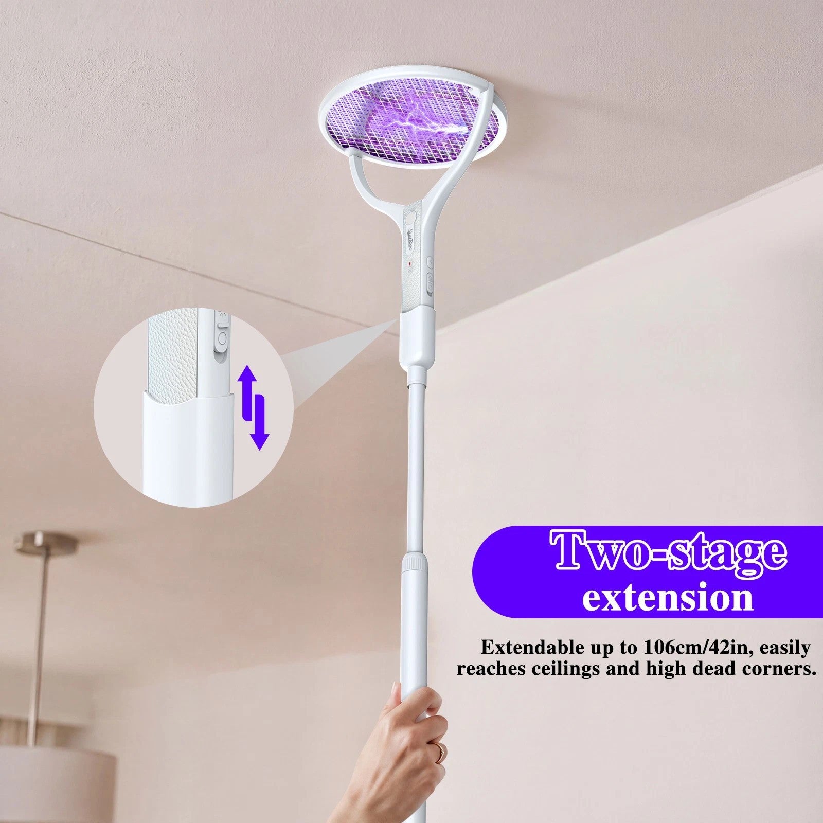 4000V Electric Fly Swatter Racket Rechargeable Bug Zapper Telescopic Extension