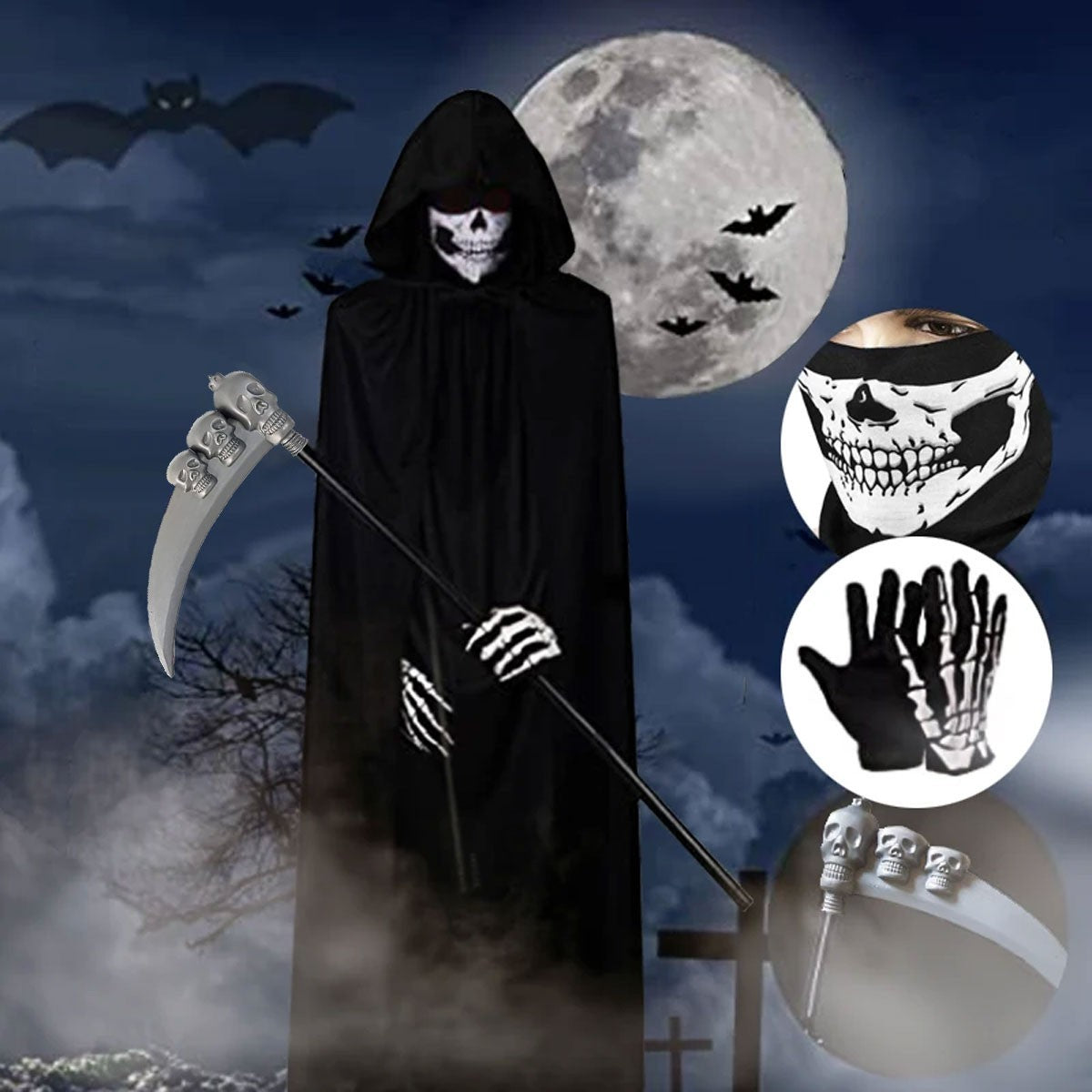 2026 New Adult Grim Reaper Costume Black Hooded Cloak Mask Gloves Scythe Set UK