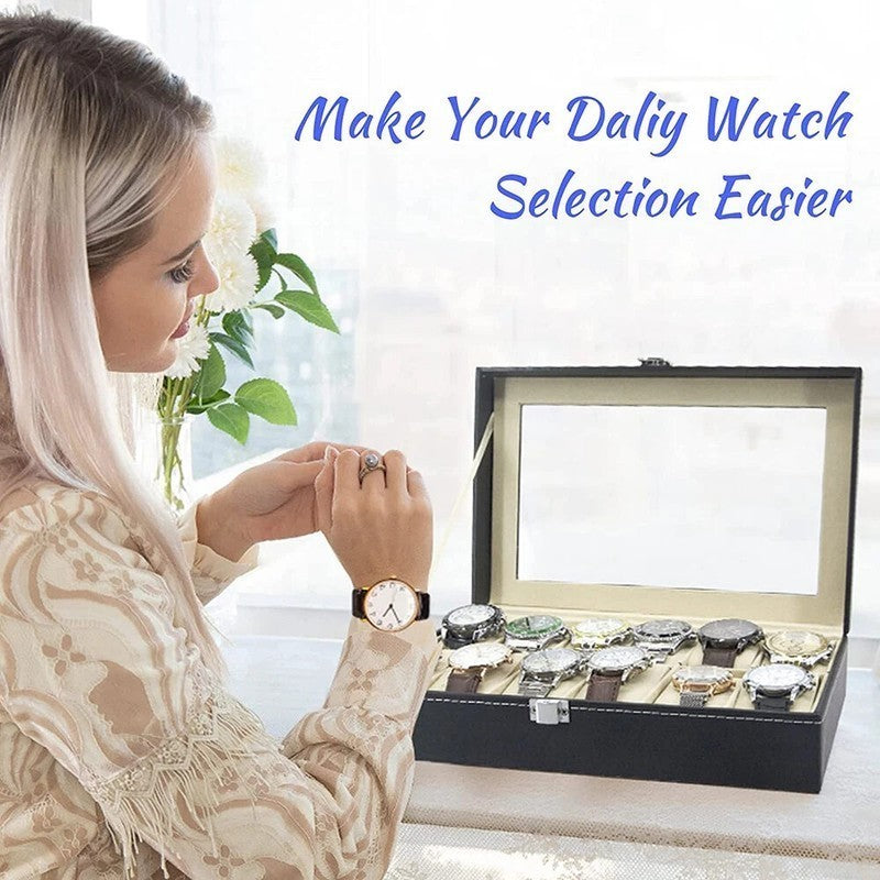 Mens 12 Grids Watch Display Case Watch Box Collection Storage Holder Box Women
