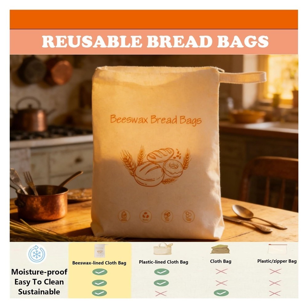 Beeswax Bread Bags, Bag & Freezer  Keeper for Freshness, Eco-Friendly Bread2690