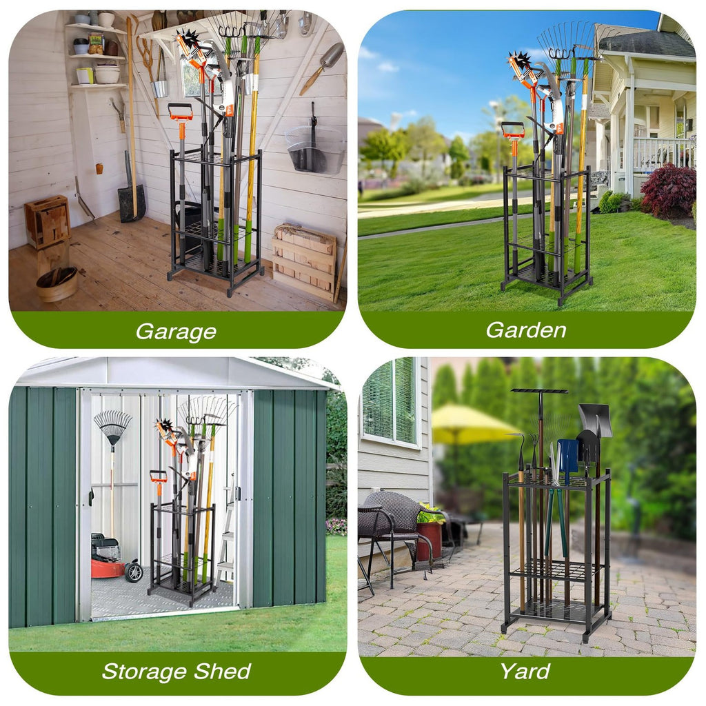 Metal Garden Tool Storage Rack Yard Tool Organizer Stand with Wheels & Hooks