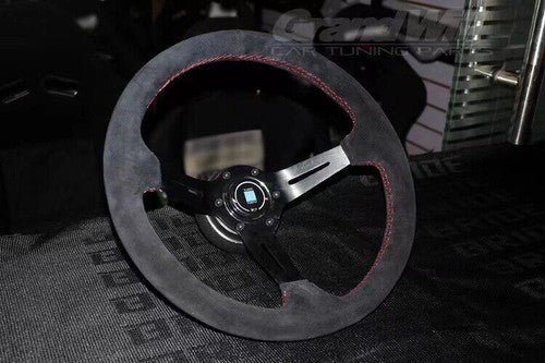 For NARDI 350MM 14' Deep cone 90mm Suede Leather Red stitch Sport Steering Wheel