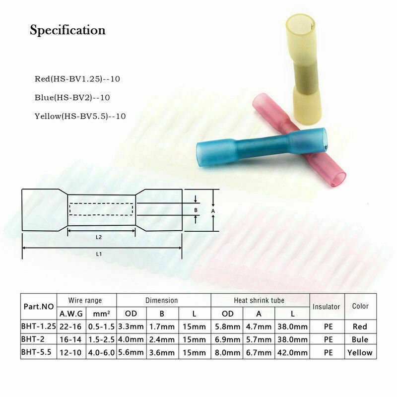 240Pcs Heat Shrink Electrical Wire Connector Crimp Butt Ring Spade Terminals Set