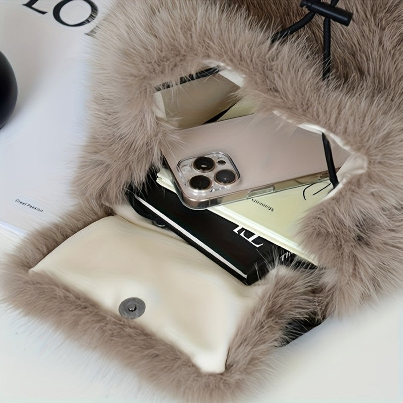 Faux Fur Backpack for Women Casual Drawstring Flap Closure Adjustable Strap Bag