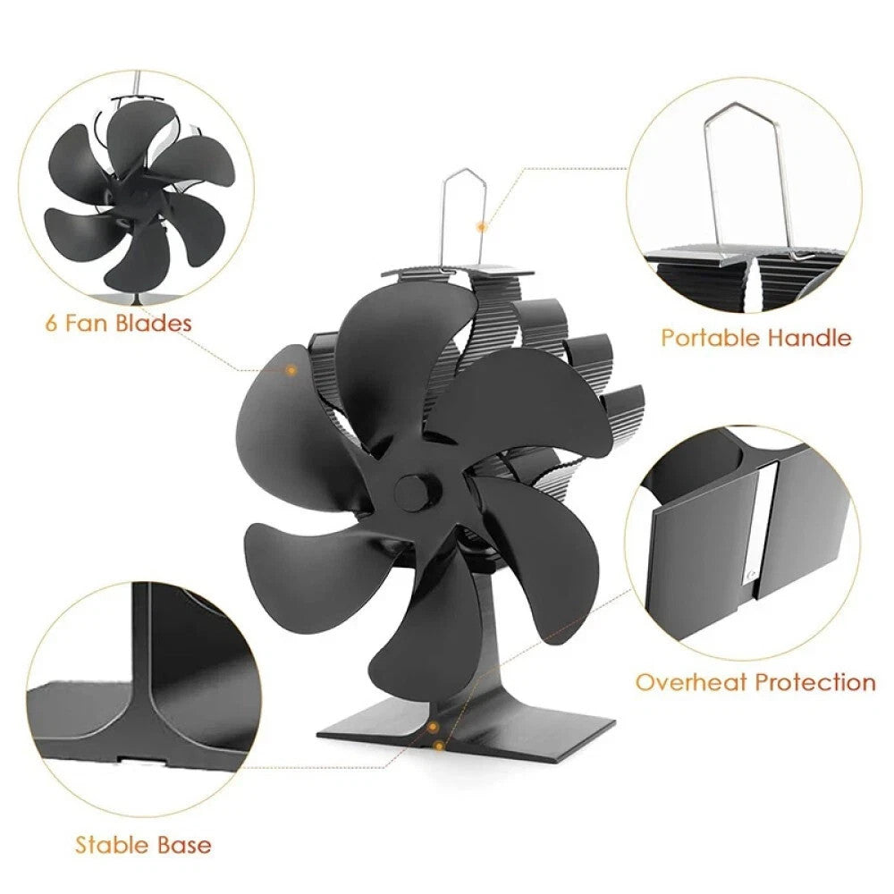 Heat Powered Stove Fan Wood/Log Burner Fan with 6 Blades for Fireplaces