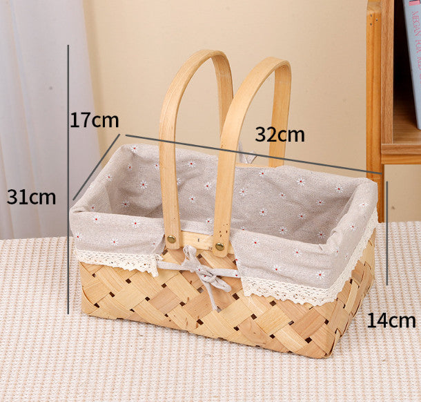 Rectangular Woven Wood-Chip Fruit Basket With Handle Instagram Style