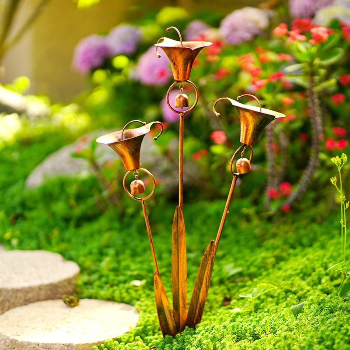 Flamed Copper Three Calla Lilies Garden Stake with Bells, Rain Catcher Flower UK