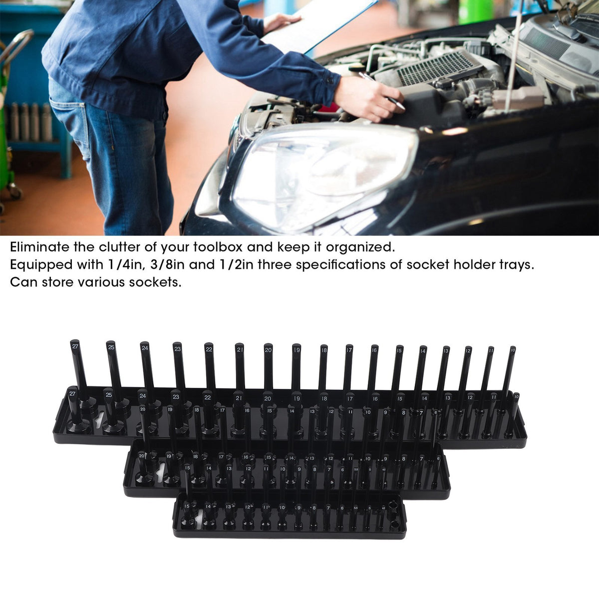▷3PCS 1/4in 3/8in 1/2in Socket Holder Organizer Black Storage Set For Toolboxes
