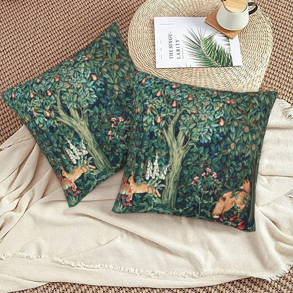 Set of 2 William Morris Pillow Covers Forest Fox Hares Blue Green Floral