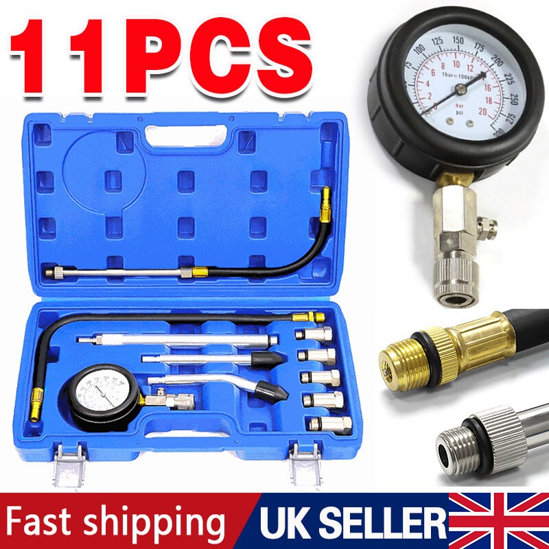 11PCS Petrol Engine Compression Tester Kit Fuel Cylinder-Pressure Gauge Tool Set