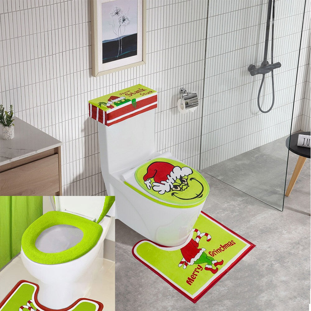 4PCS/Set Christmas Grinchs Decor Bathroom Toilet Pad Seat Cover-Rug for Bathroom
