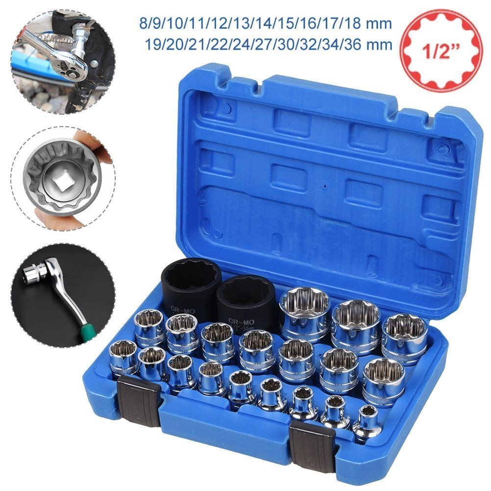 1/2" Drive Universal Spline Socket Set 21Pcs  8-36mm CR-V Metric Socket
