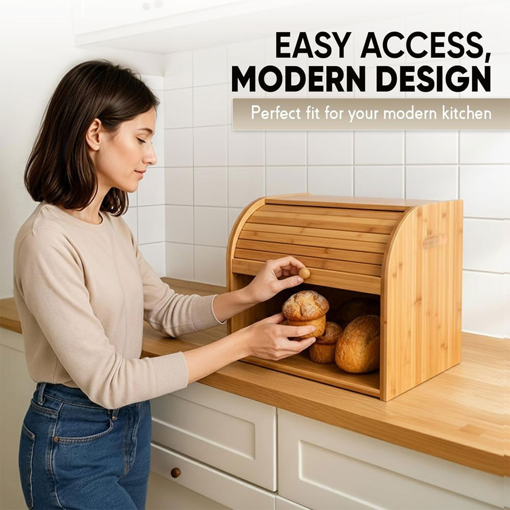 2 Tier Bamboo Bread Bin Double Layer Kitchen Storage Container Loaf Bread Box UK