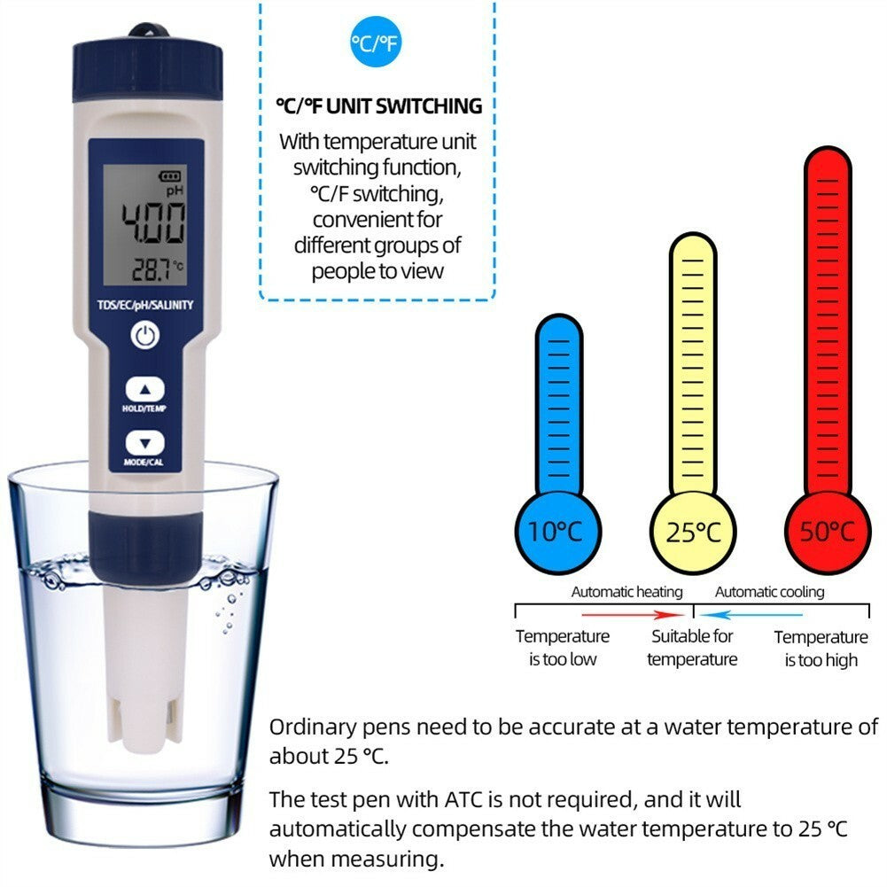 5in1 Water Quality Meter PH/TDS/Temp/EC/Salinity Meter High Accuracy Pen Tester