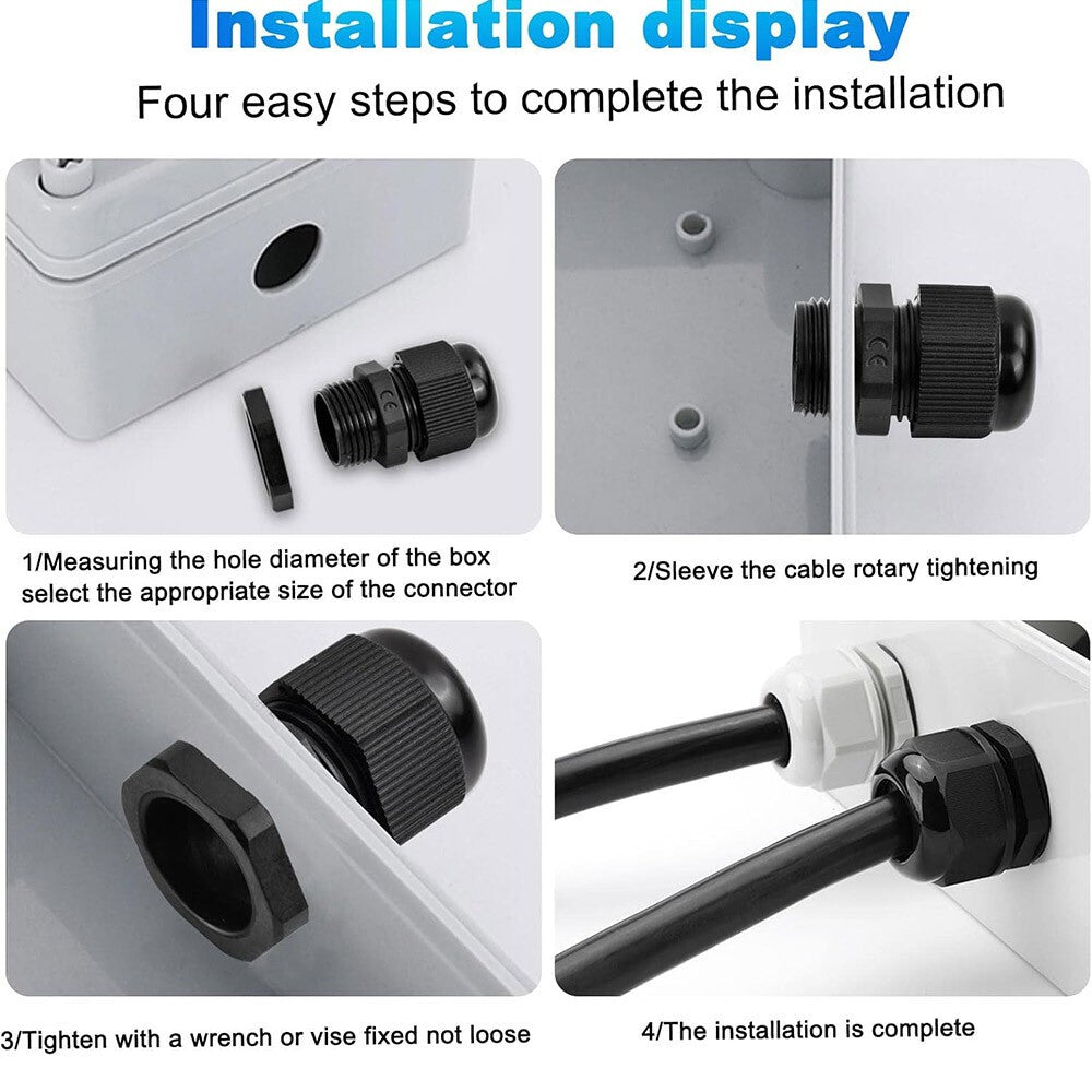 50Pcs Waterproof Nylon Cable Gland Kit IP68 Joints Adjustable Locknut Tool Set