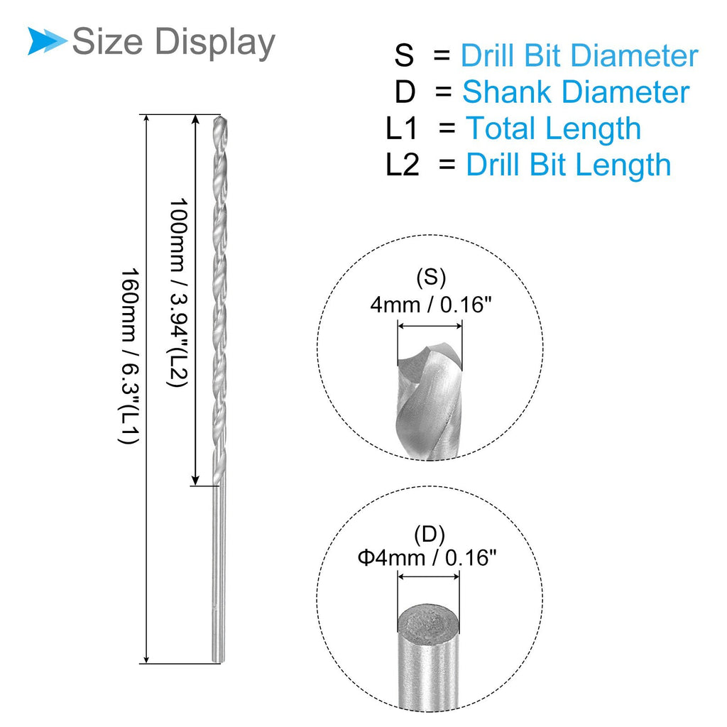 Extra Long Twist Drill Bits 4mm x 160mm HSS Twist Drill Bit 6-Pieces