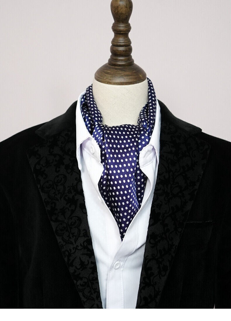 Mens 100 Silk Scarf Vintage Polka Dot Double Layer Long Neckerchief Black & Blue