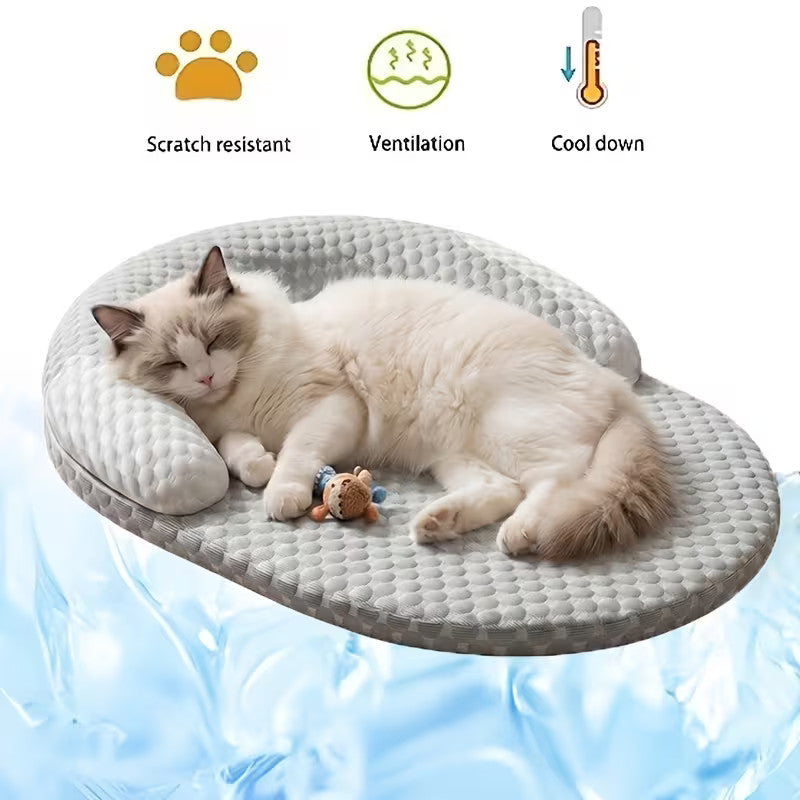Summer Cooling Cat Bed, Breathable Dog Bed with Raised Neck Pillow Cooling Mat