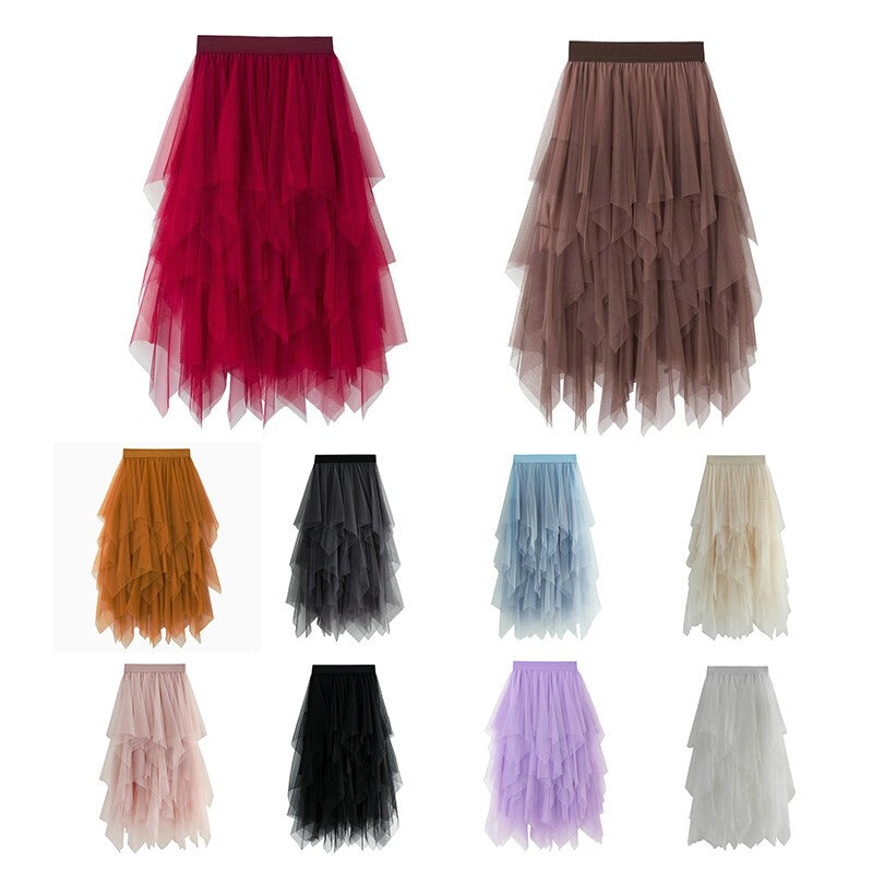 *Women's* Vintage Solid Color Layered Irregular Mesh Skirt Tulle Bubble Skirt.