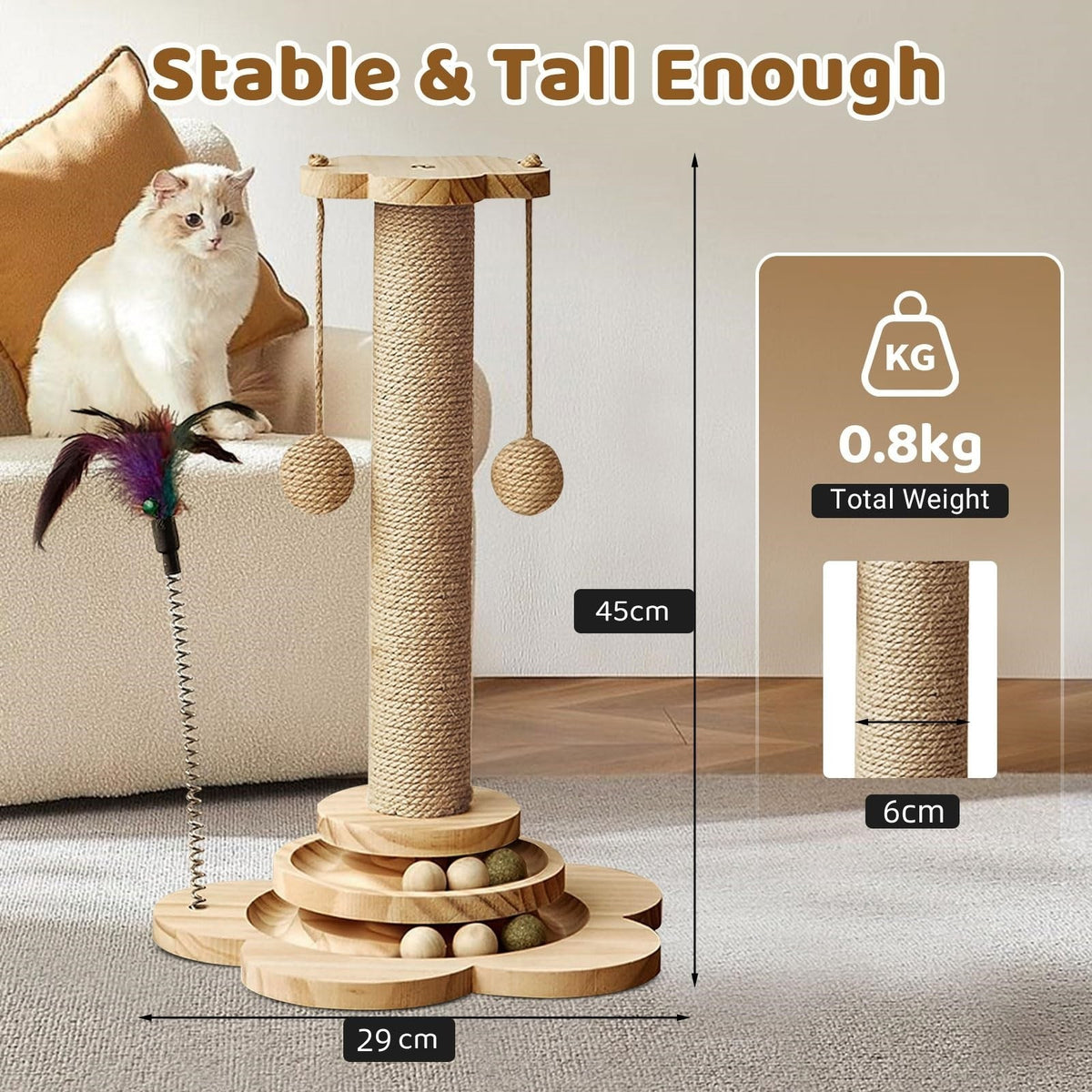 Tall Cat Scratching Post Cat Tree Scratcher Kitten Play Tower & Track Ball Toy