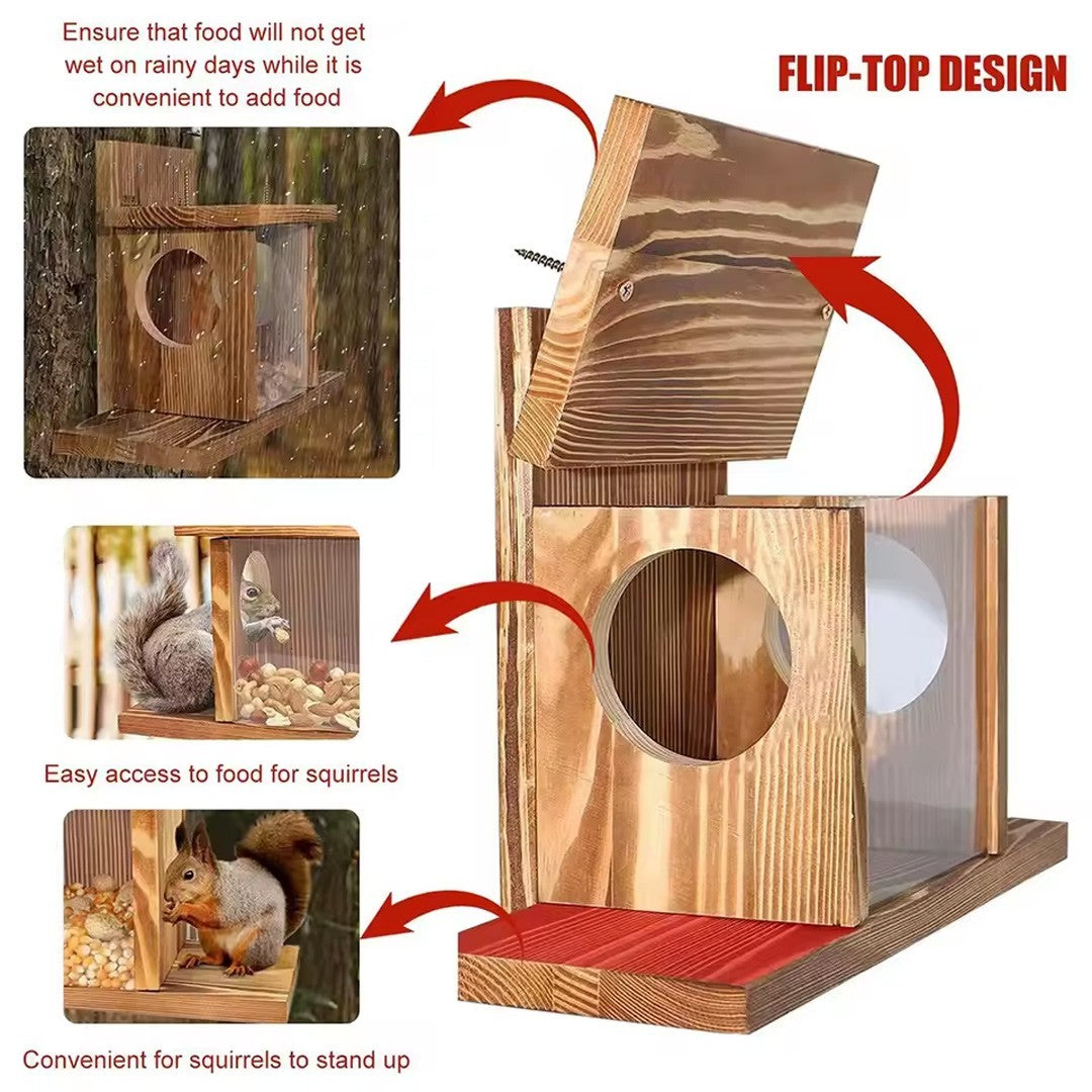 Carbonized Wood Squirrel Feeder Durable Squirrel House Box for Backyard Garden~