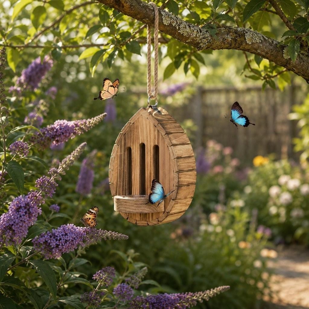 1x Butterfly House for Outside Teardrop-Shaped Wooden Butterfly Habitat & Feeder