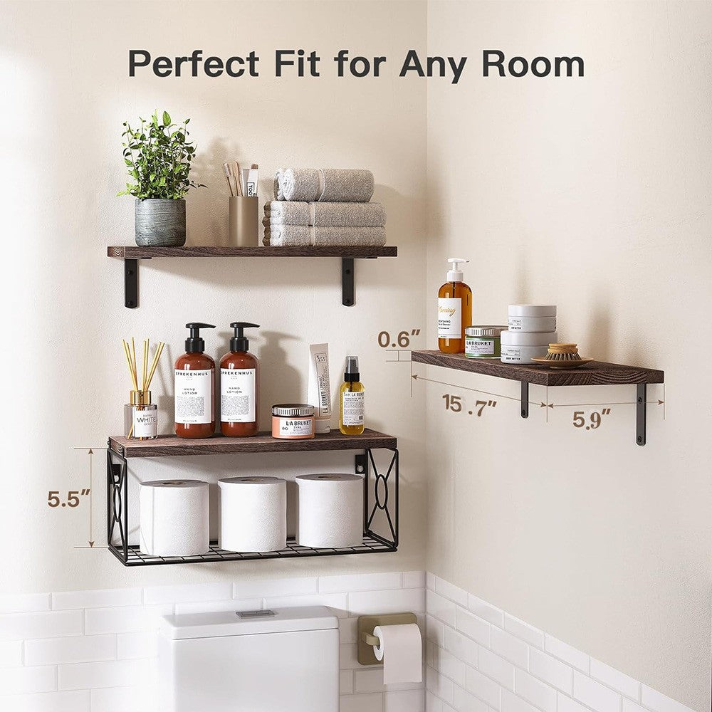 3-Pack Bathroom Shelf with Metal Storage Basket Wall Mounted Floating Shelves