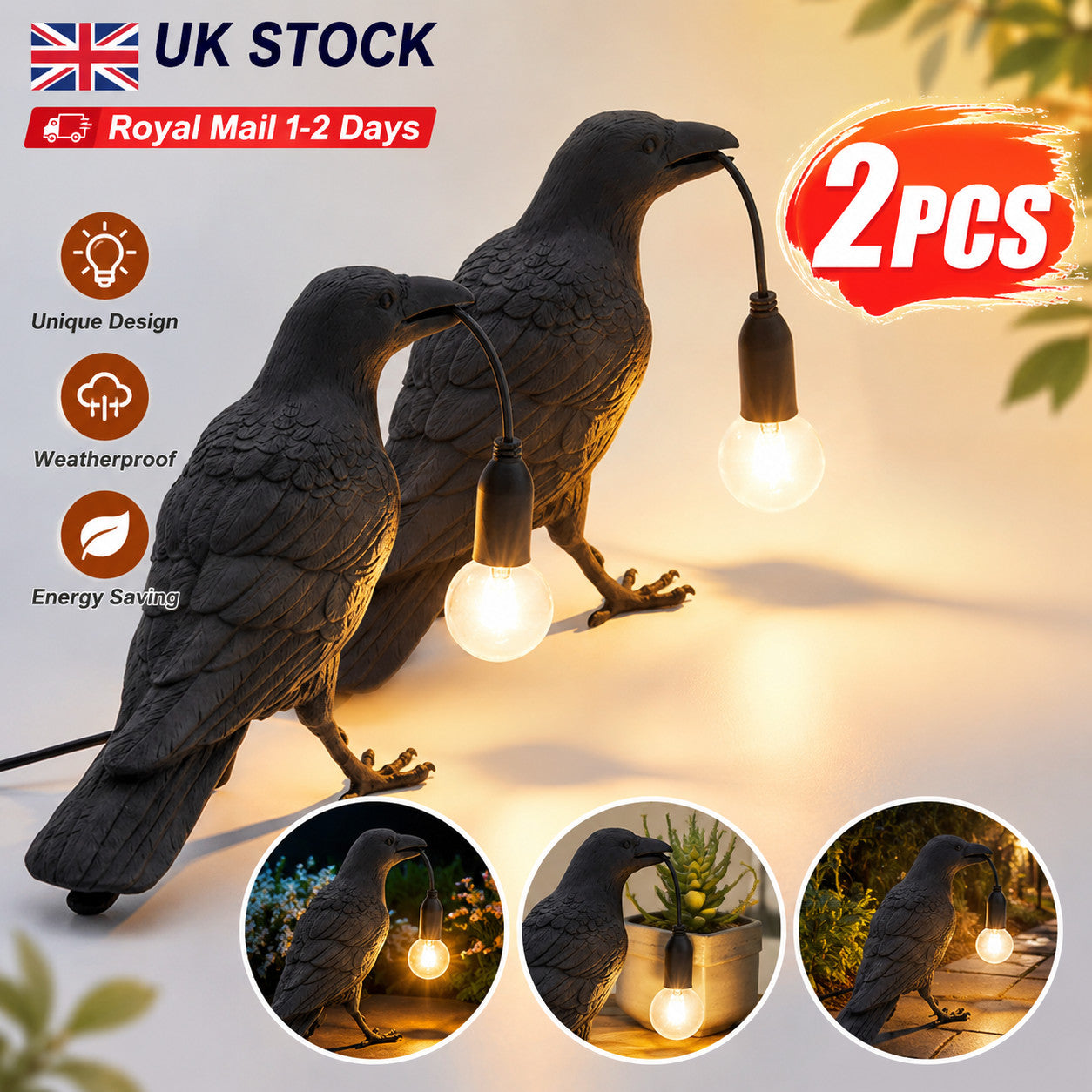 2pcs Raven Crow desk Lamp Resin Bird Light Gothic Bedside Lamp Home Decor LED