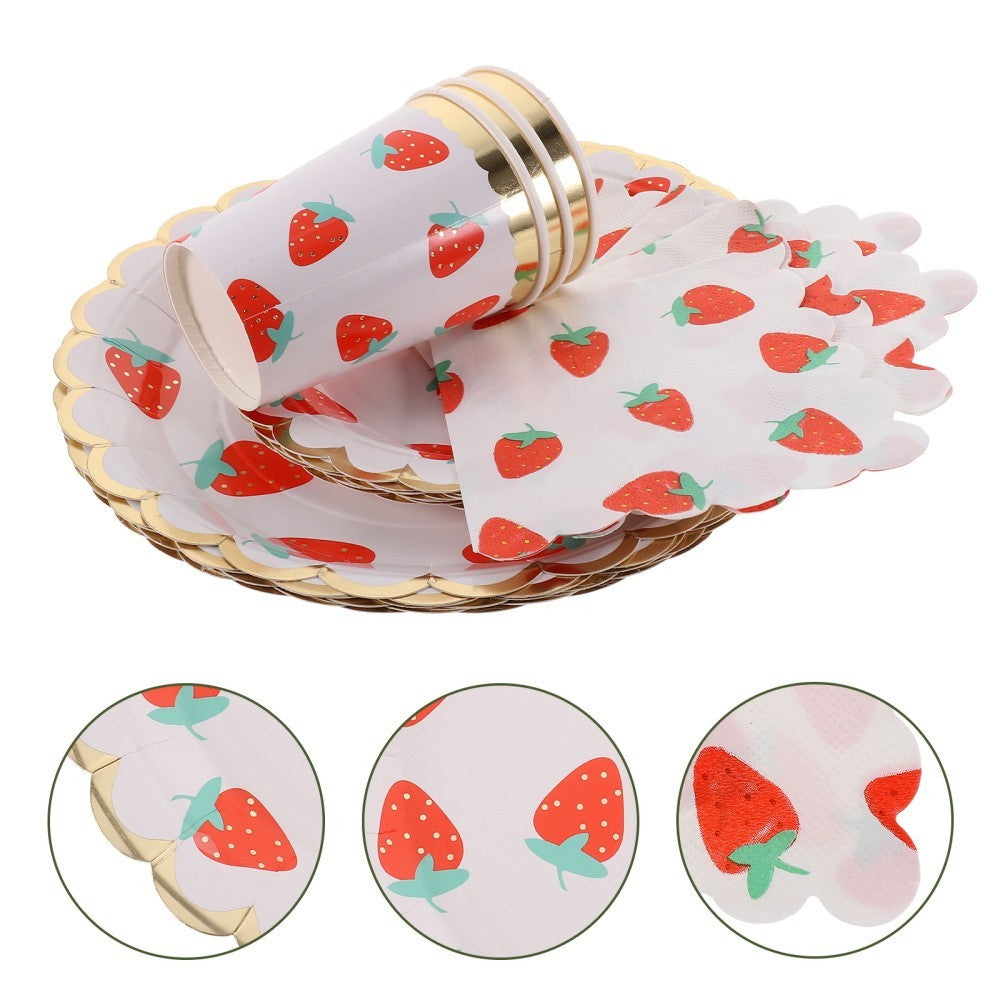2X Strawberry Themed Napkins Disposable Tableware Plates Cups Straws Set for