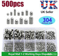 500Pcs A2 Cone Point Grub Screws M3 M4 M5 M6 M8 Hex Socket Set Screw Box Set