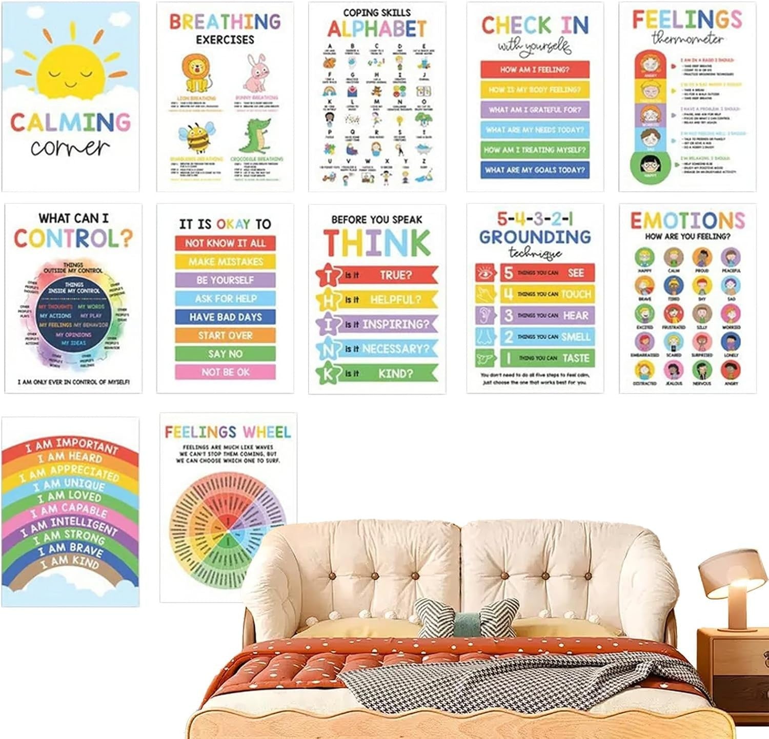 12X Calming Corner Posters Kids Feelings Wheel Chart Emotions Poster Sensory
