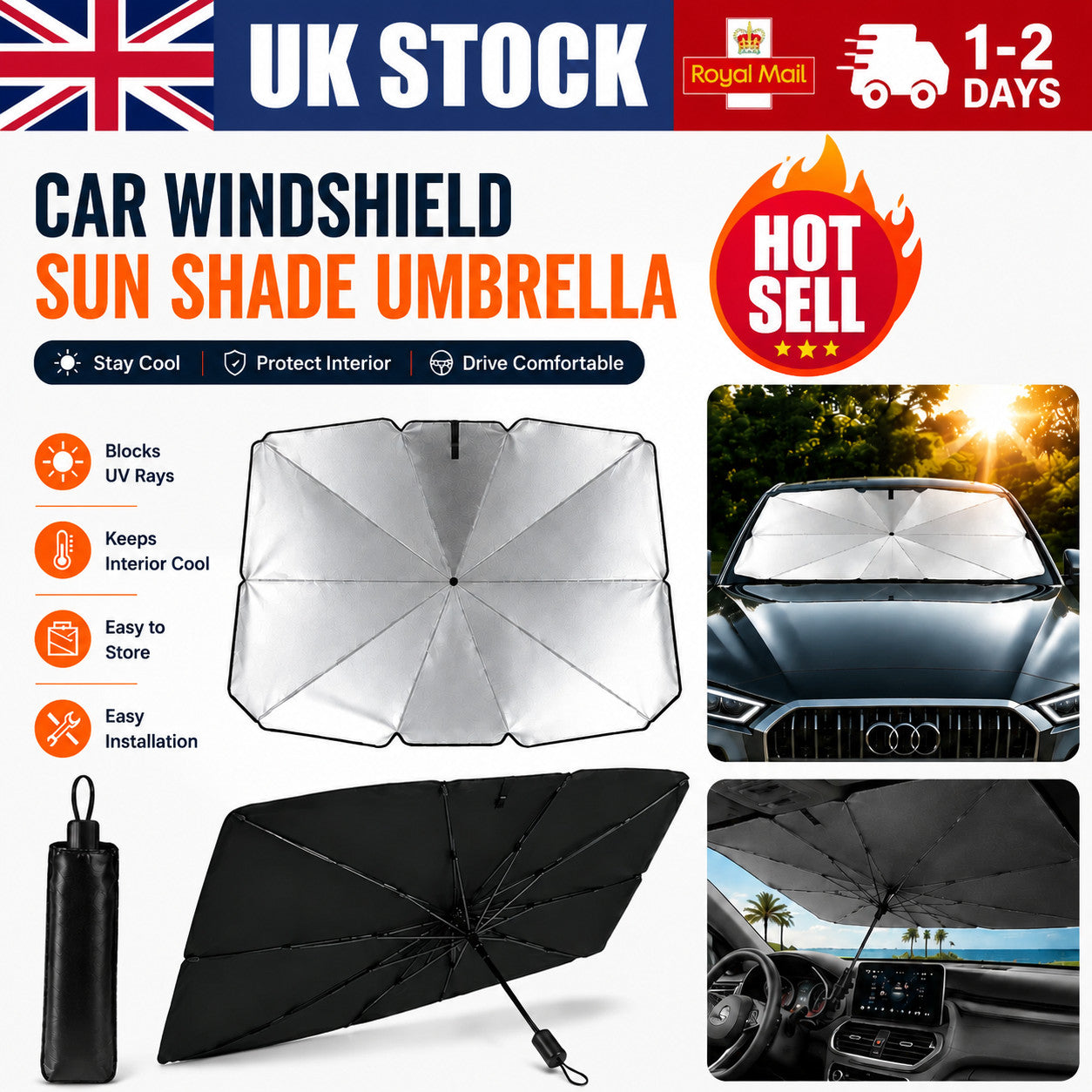 Car Windshield Sunshade Umbrella, Front Window UV Reflector, Foldable Sun Visor
