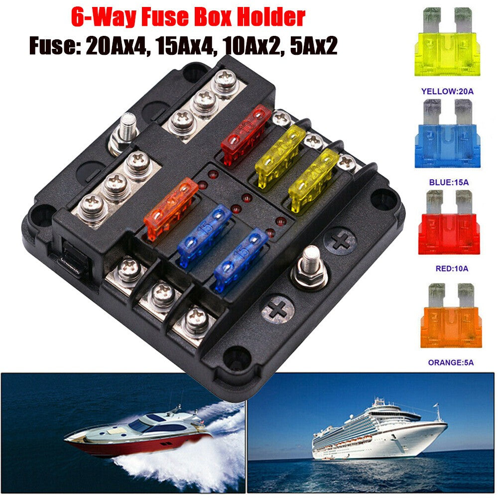 Car 6 Way Blade Fuse Box Block FuseBox Holder Auto Marine Bus Bar Kit 12V 32V