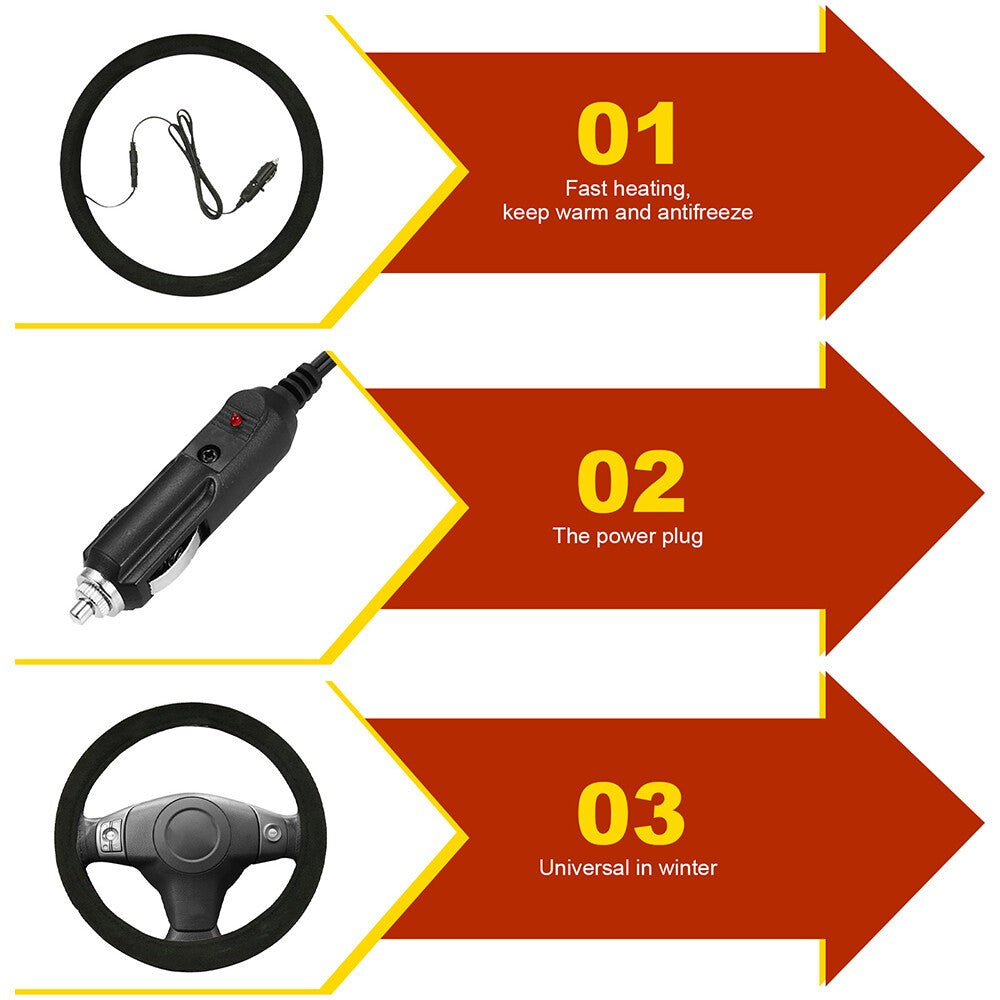 12V Universal Heated Car Steering Wheel Cover Protector Winter Hand Warmer 38 CM