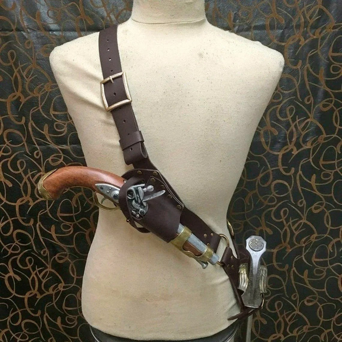Pirate Leather Strap Costume Baldric Gun Sword Holster Flintlock Pistol Medieval