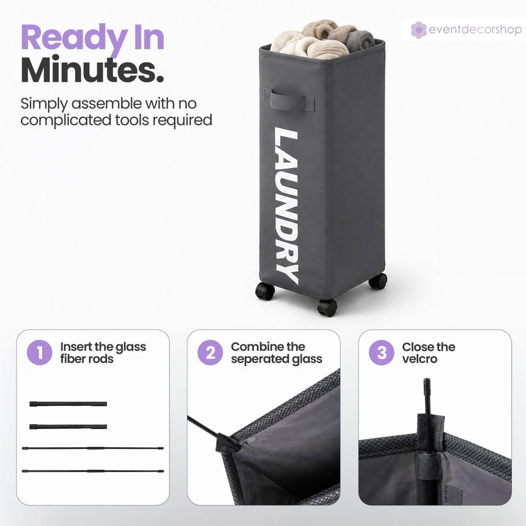 42L Water Resistant Laundry Basket w/Rolling Slim Wheels Foldable Washing Hamper