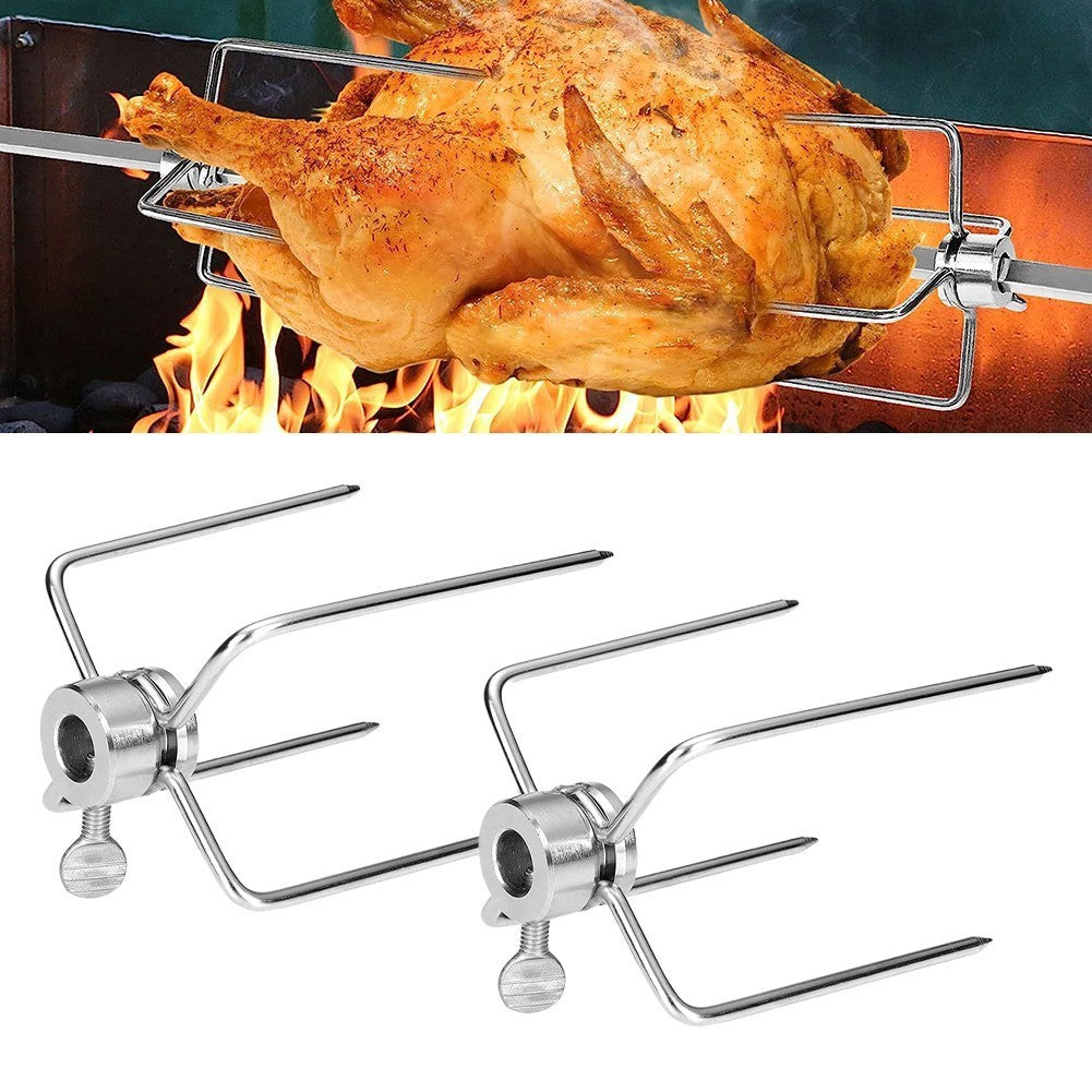 Stainless Steel BBQ Rotisserie Meat Forks Clamp with Locking Screw Set of 2