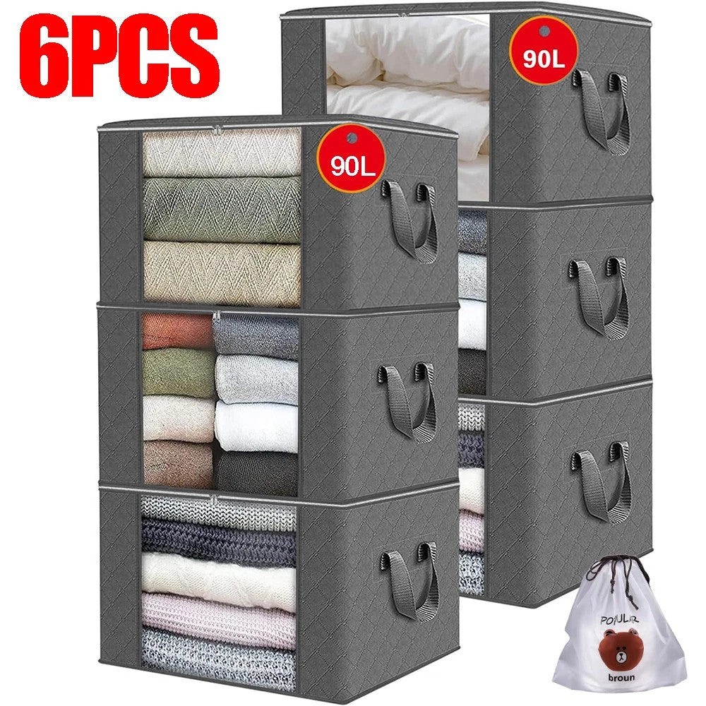 6 Pack 90L Storage Bags Zipped for Clothes, Bedding Toys Packing Moving Box