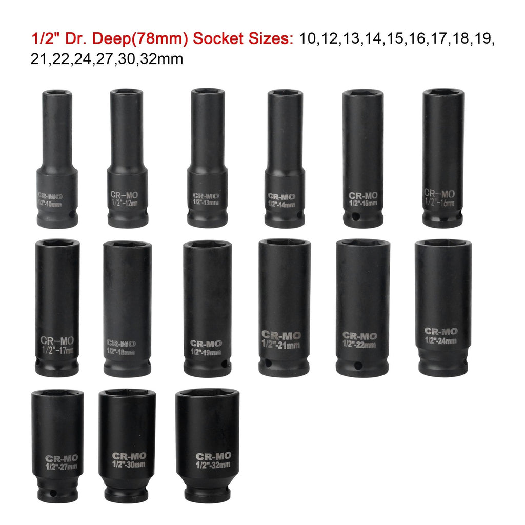 8-32mm 1/2" Sq Metric Drive Deep Impact Socket Tool Set Garage UK