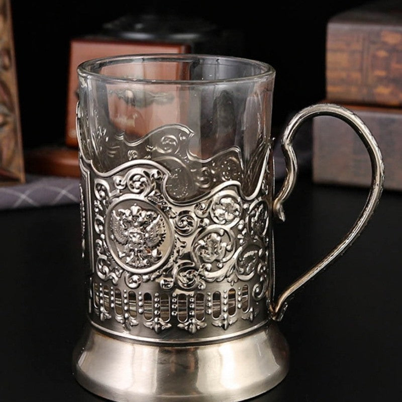 Russian Podstakannik Set Crystal Hot Tea Glasses with Glass Holders Drinkware