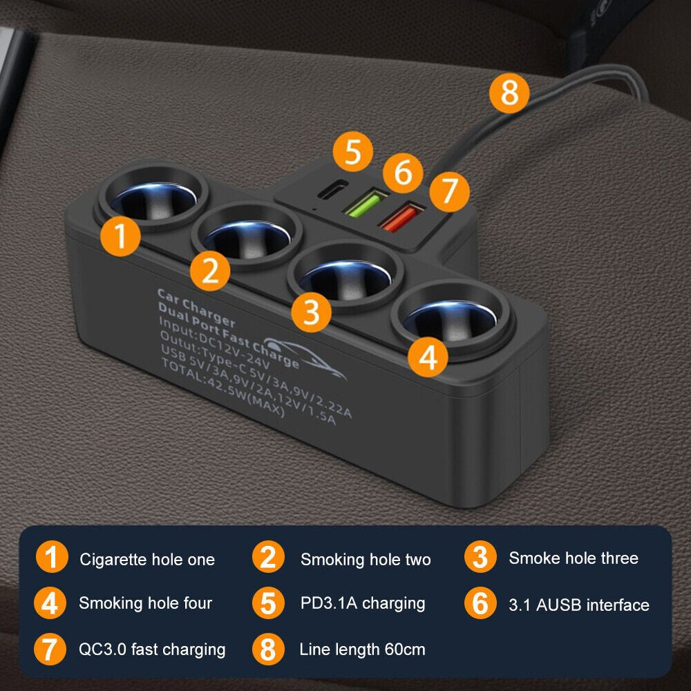 4 Way 12V 24V Multi Socket Car Cigarette Lighter Splitter USB Charger Adapter