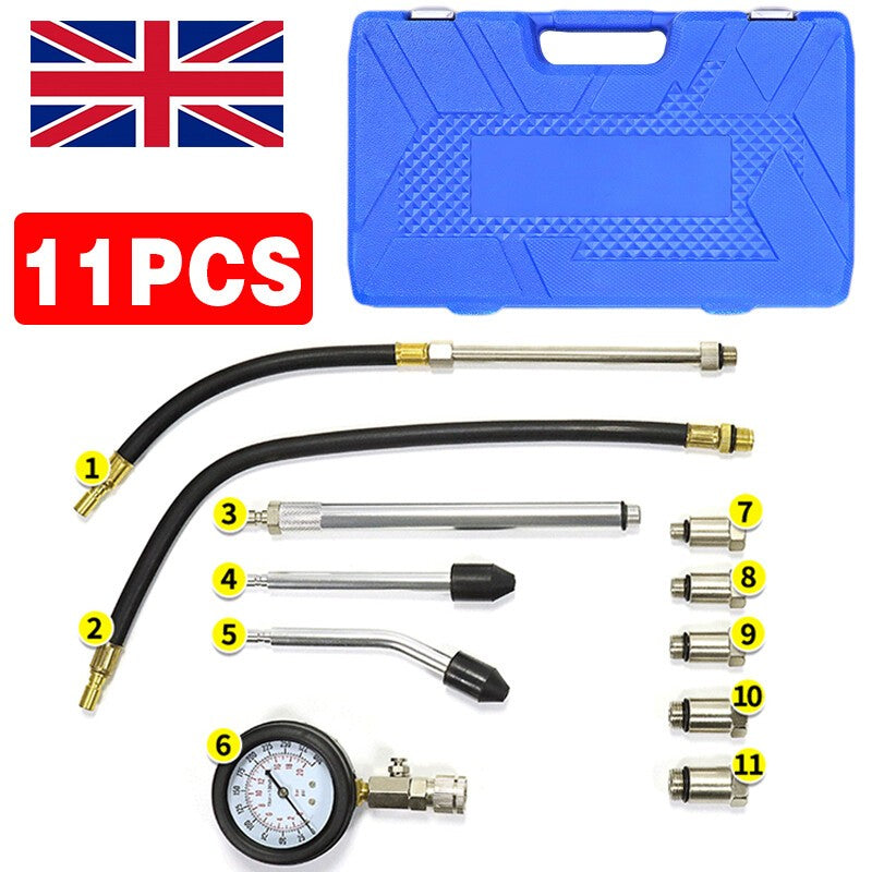 11PCS Petrol Engine Compression Tester Kit Fuel Cylinder-Pressure Gauge Tool Set
