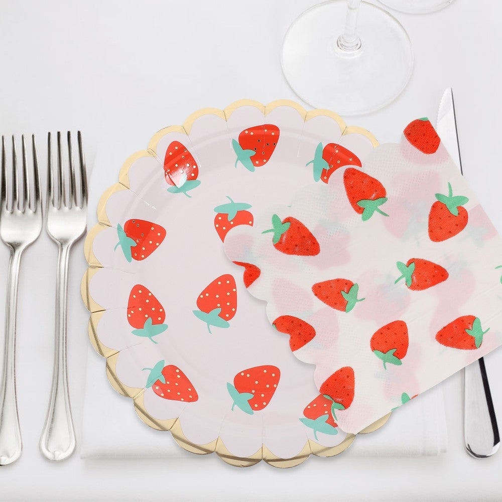 2X Strawberry Themed Napkins Disposable Tableware Plates Cups Straws Set for