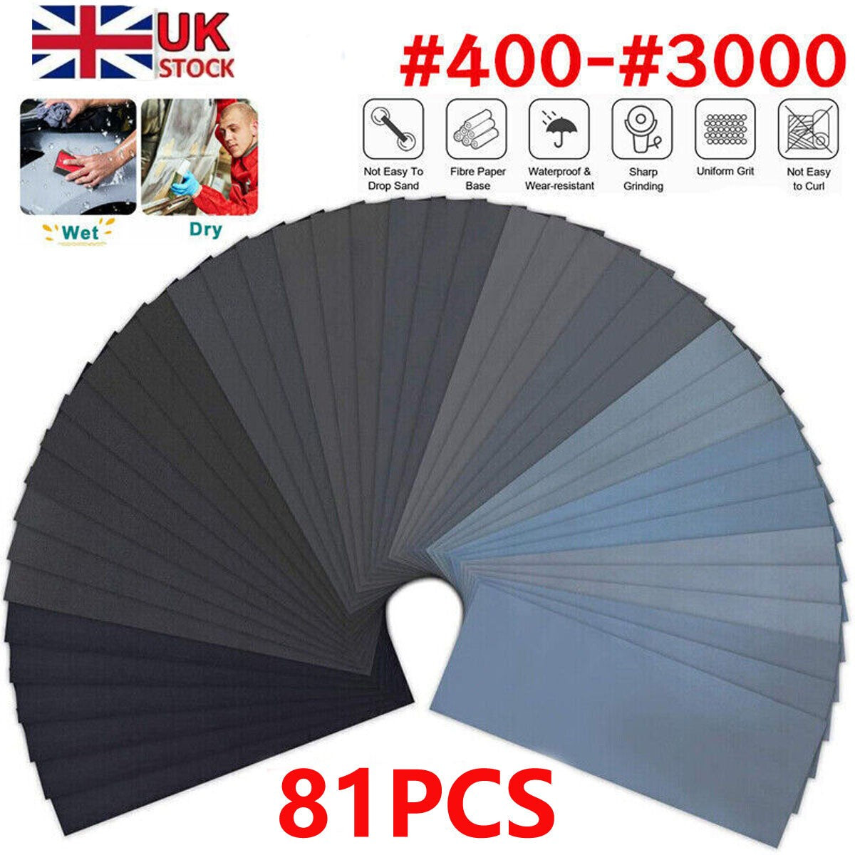 81Pcs Assorted Sanding Wet and Dry Waterproof Sandpaper Sander Paper Tool UK