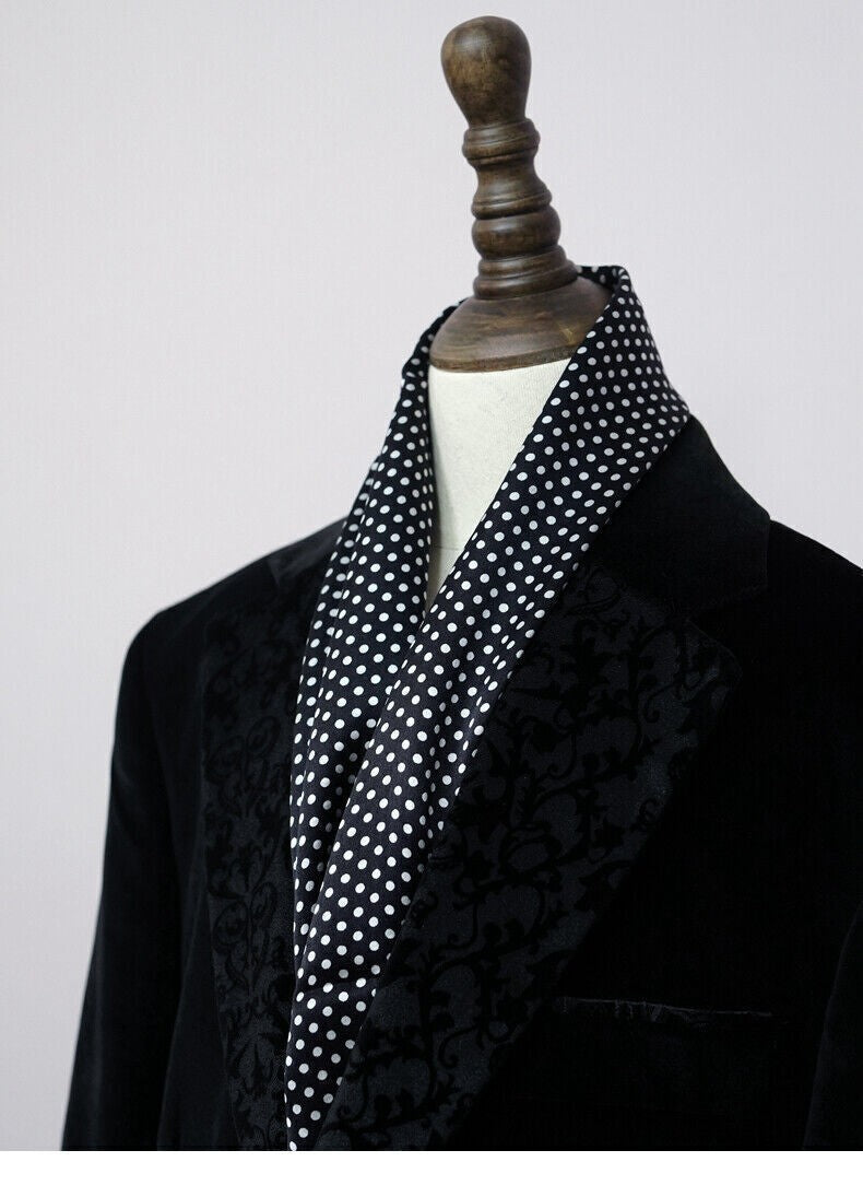Mens 100 Silk Scarf Vintage Polka Dot Double Layer Long Neckerchief Black & Blue