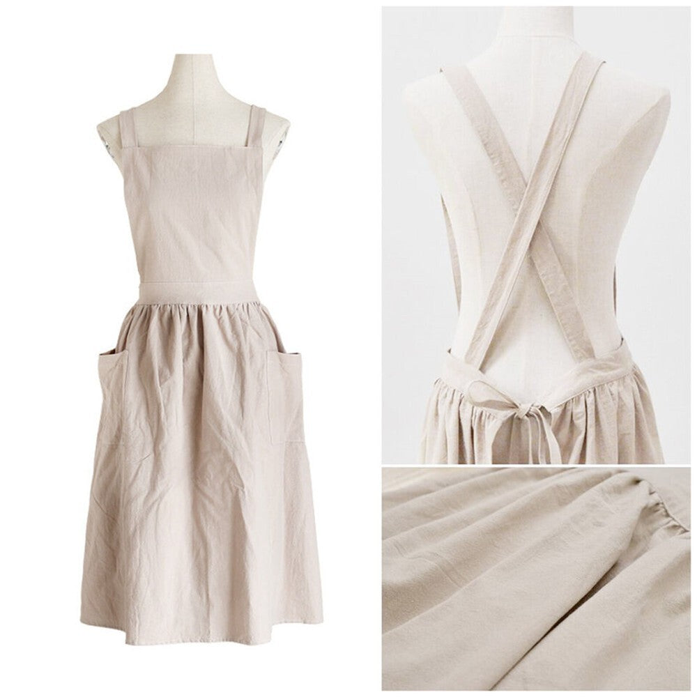 Apron Cotton Linen Crossover Pinafore Dress Home Cooking Kitchen Painting