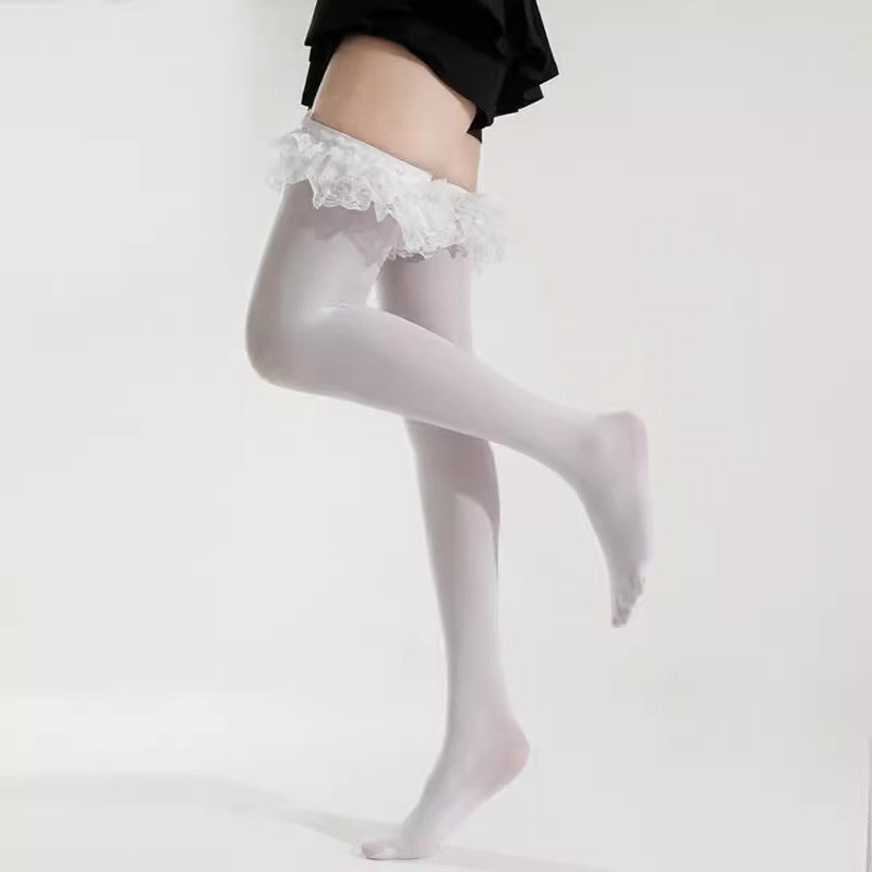 Women's Thigh High Stockings WITH Lace Ruffles & Satin Bow, White Stockings
