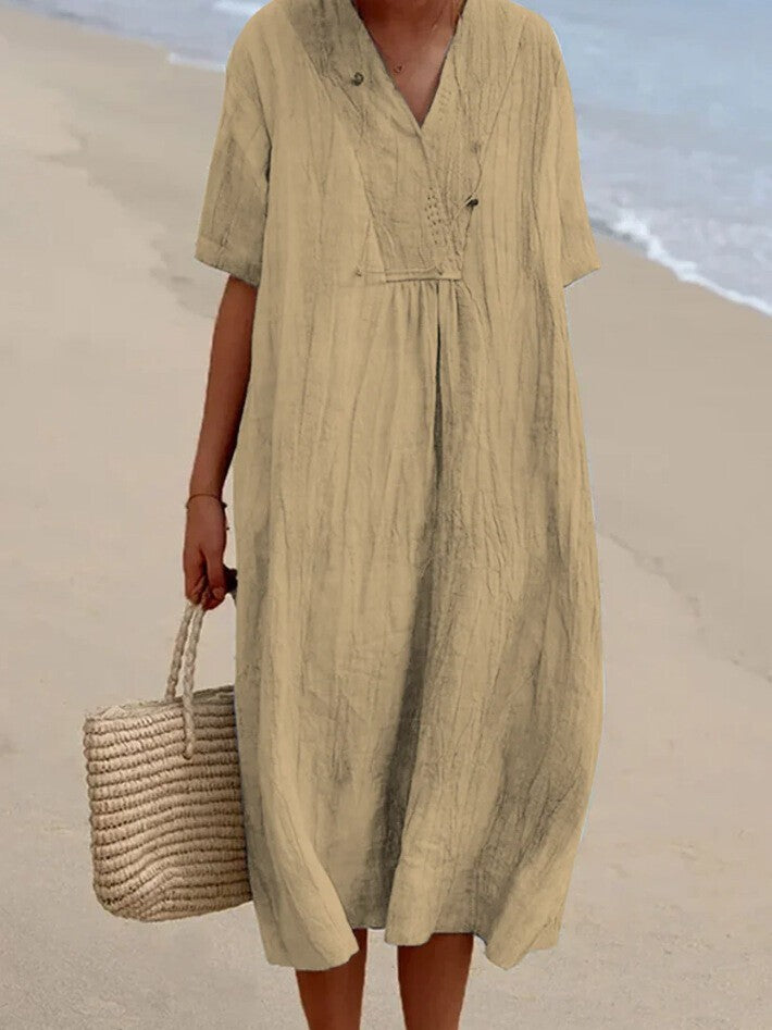 Ladies Summer Cotton Linen Dress Ladies Sundress Solid Midi Dresses Pullover UK